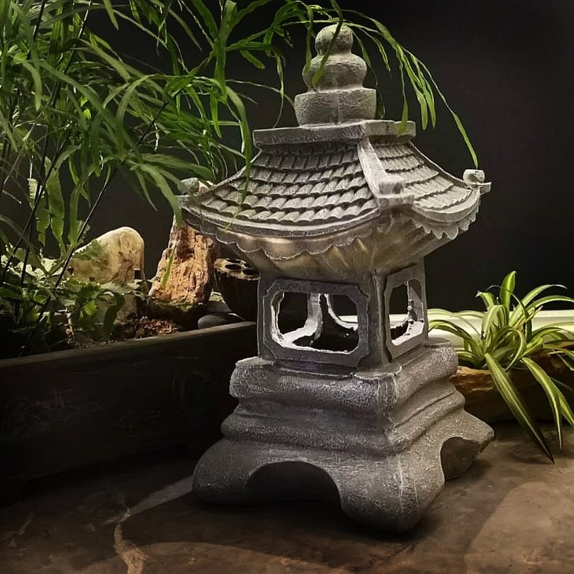 Lampe de jardin solaire LED de style zen pagode avec effet pierre