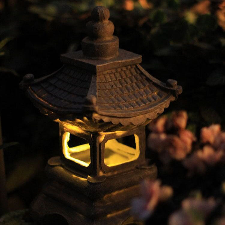 Lampe de jardin solaire LED de style zen pagode avec effet pierre