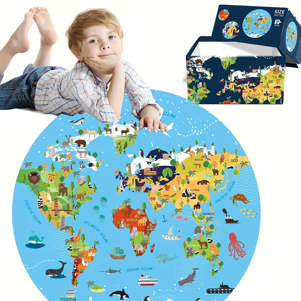 Puzzle de sol en 70 pièces – Design de carte du monde ronde pour enfants