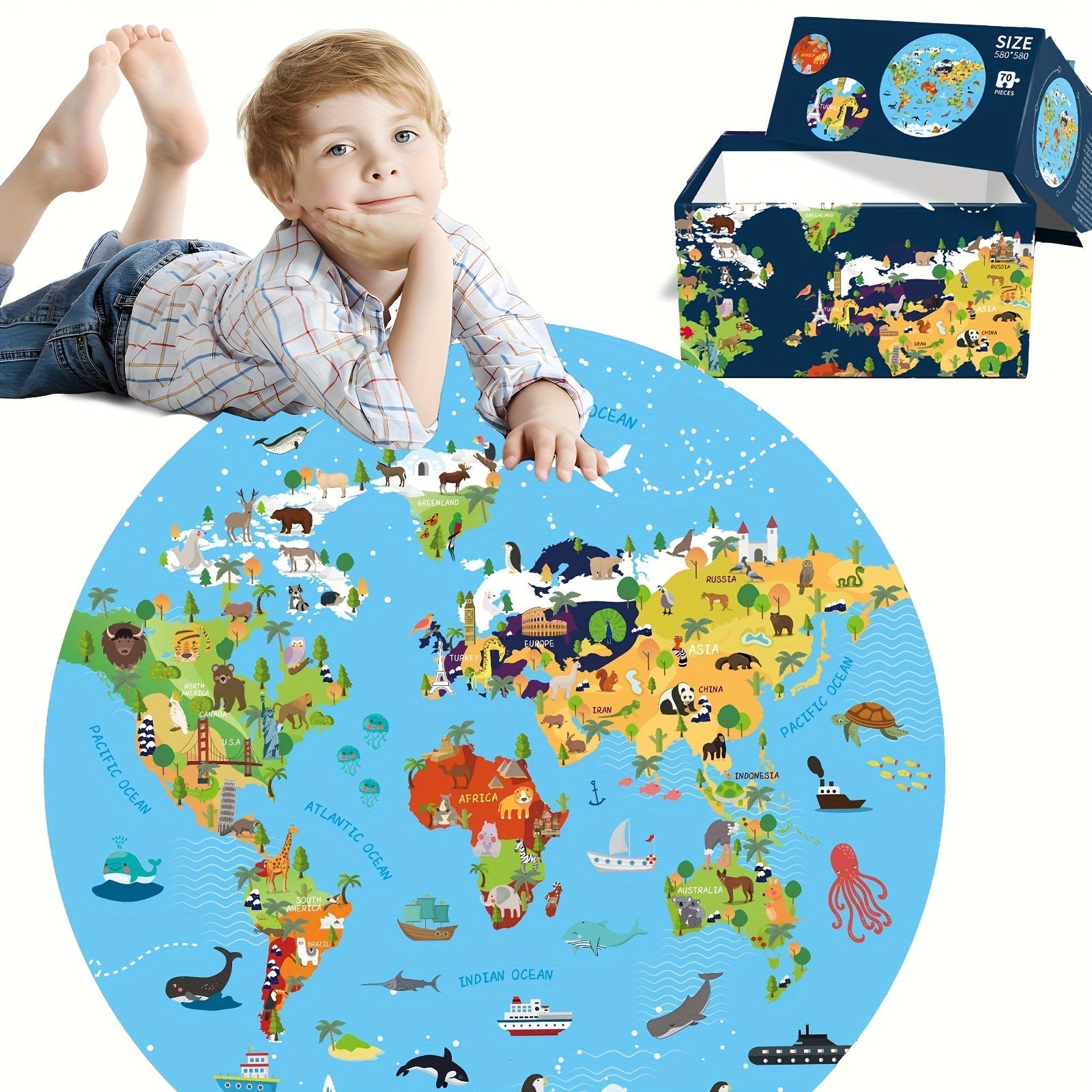 Puzzle de sol en 70 pièces – Design de carte du monde ronde pour enfants