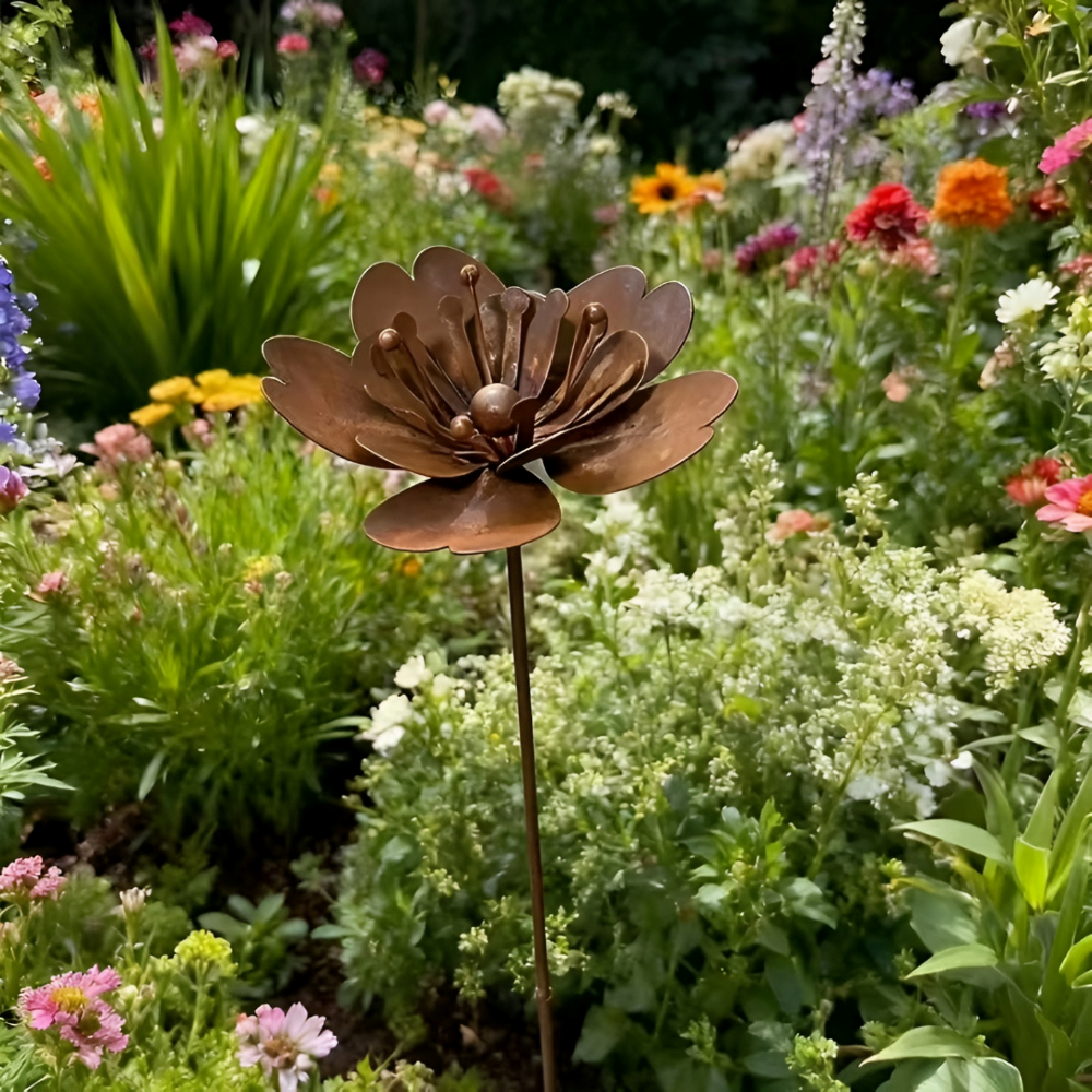Piquet de Jardin Fleur en Métal Rouillé avec Décoration Lumineuse