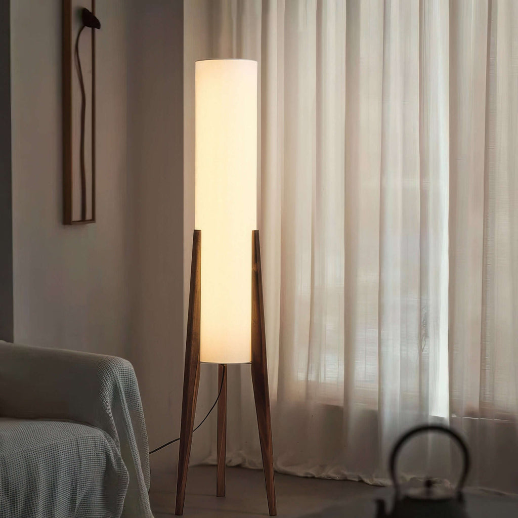 Lampe sur Pied en Bois Massif avec Abat-jour en Tissu