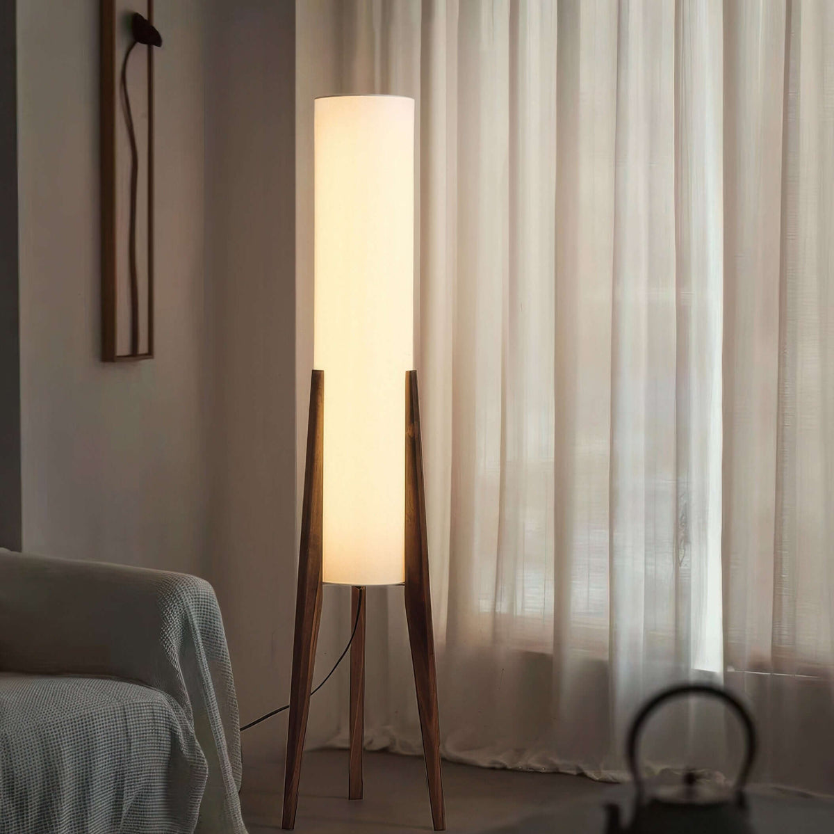 Lampe sur Pied en Bois Massif avec Abat-jour en Tissu