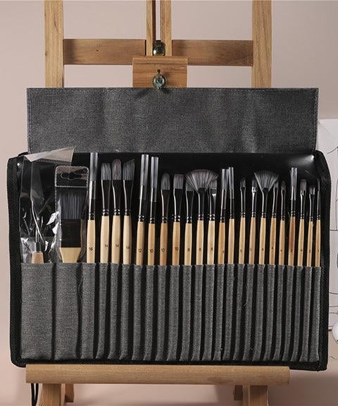 Ensemble de pinceaux d'artiste | 24 pinceaux en nylon avec 7 formes & spatule | Acrylique, huile & aquarelle