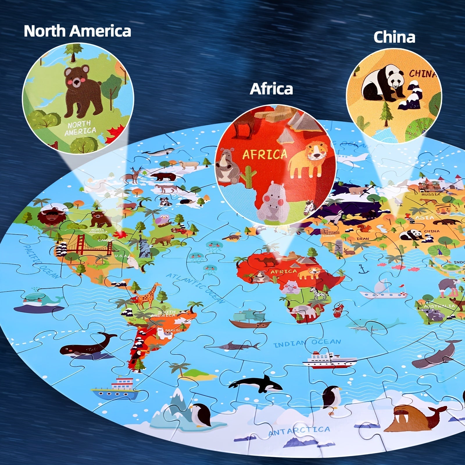 Puzzle de sol en 70 pièces – Design de carte du monde ronde pour enfants