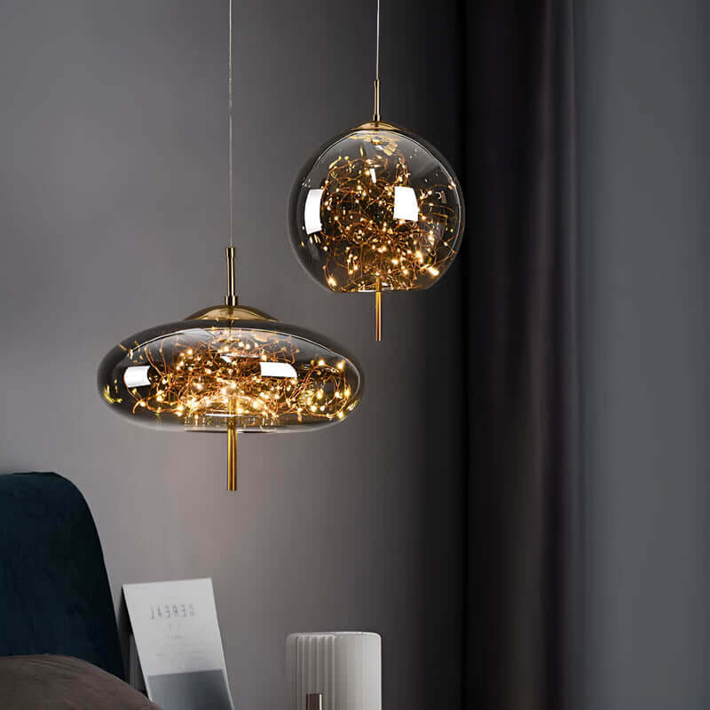 Suspension en Verre Marron avec Plusieurs Lumières