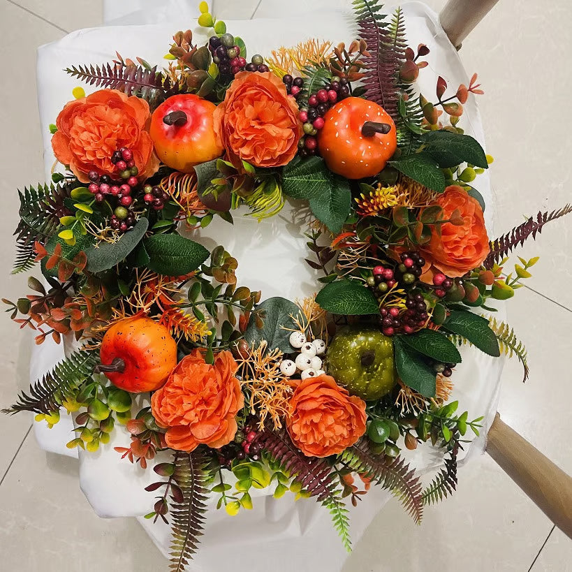 Couronne de porte automne | Fait main | Design Pivoines & Citrouille | Pour intérieur & extérieur