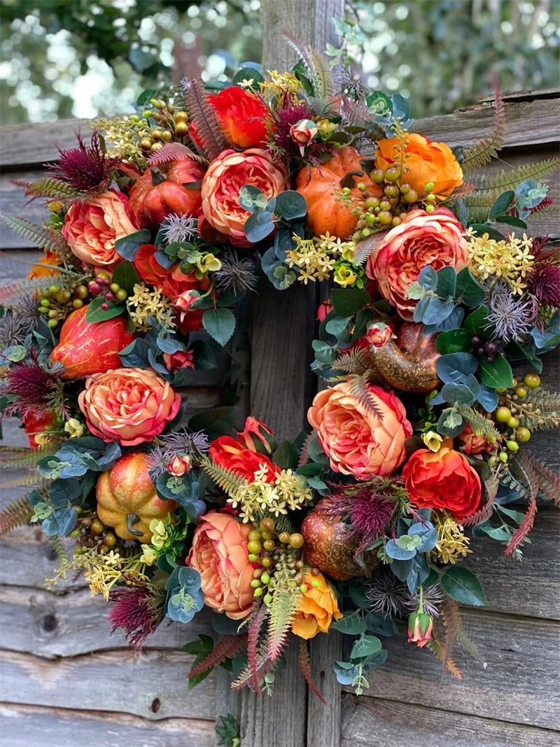 Couronne de porte automne | Fait main | Design Pivoines & Citrouille | Pour intérieur & extérieur