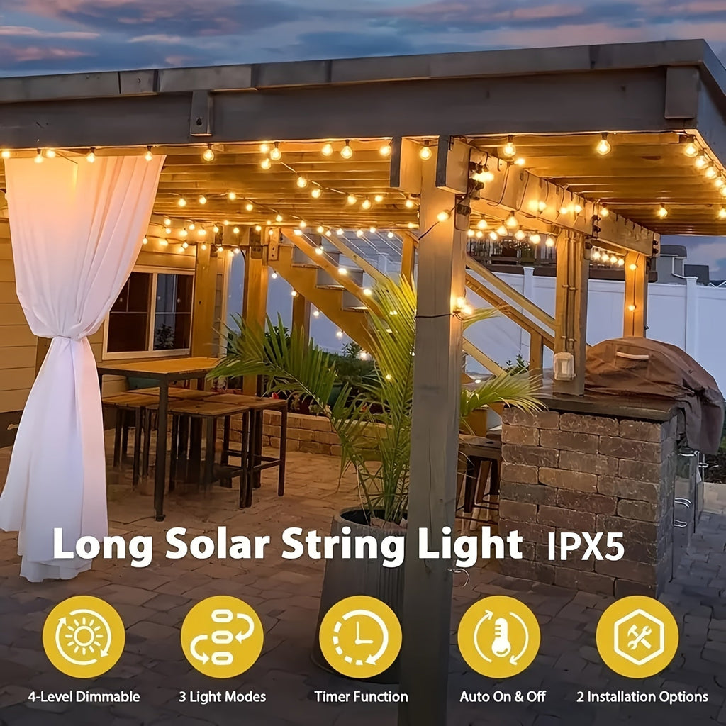 SOLARA - Guirlande lumineuse solaire de 15 m de qualité commerciale avec ampoules jaunes ST38 dimmables