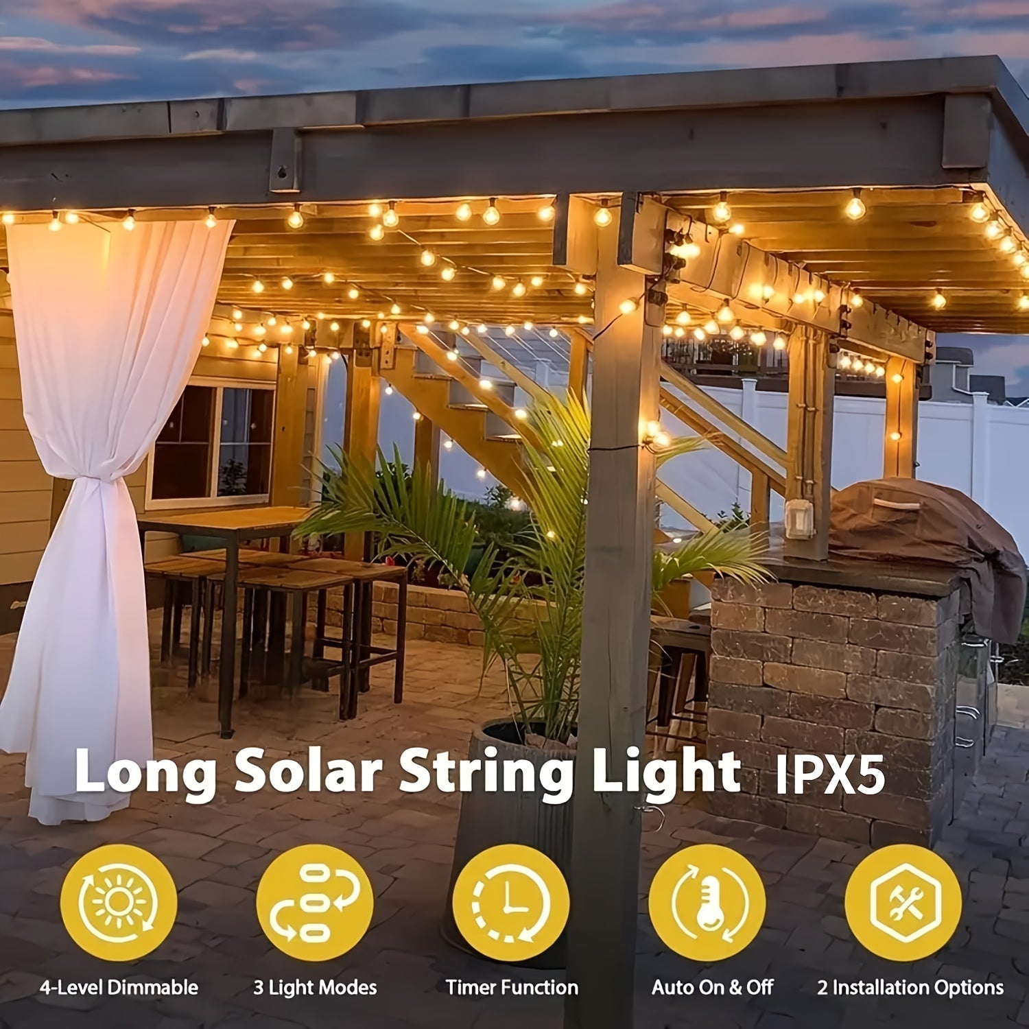 SOLARA - Guirlande lumineuse solaire de 15 m de qualité commerciale avec ampoules jaunes ST38 dimmables