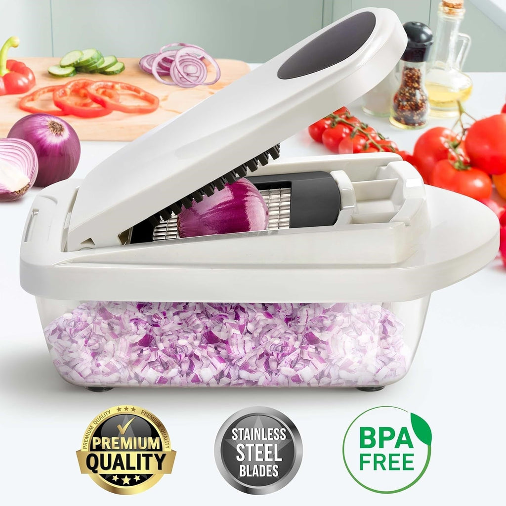 Slicer à légumes 10-en-1 avec 8 lames – Découpe, hachage et râpage plus rapides !