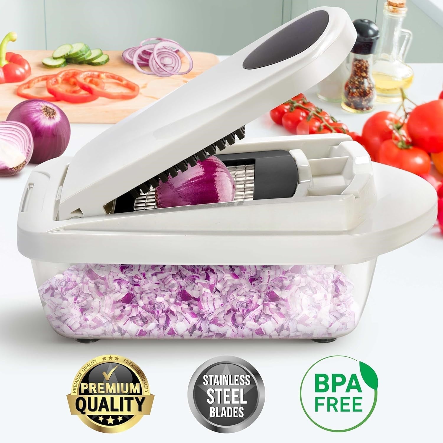 Slicer à légumes 10-en-1 avec 8 lames – Découpe, hachage et râpage plus rapides !