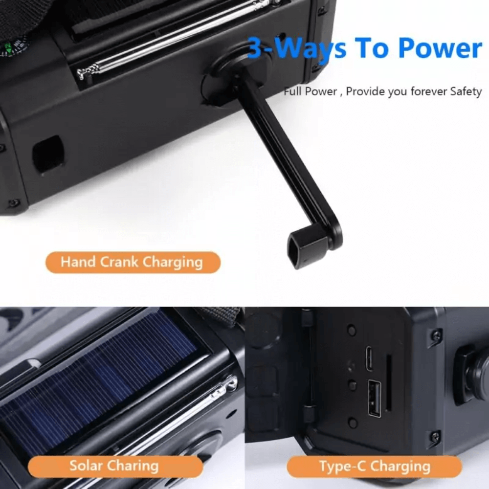Radio d'urgence 10 000mAh – Solaire, Manivelle & Power Bank en Un
