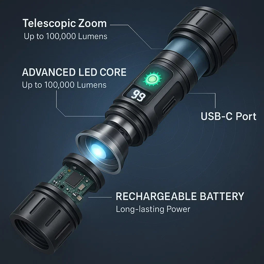 Lampe de Poche Tactique 100000 Lumens - Torche LED Lumineuse