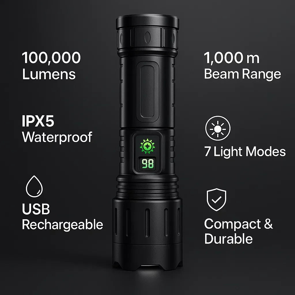 Lampe de Poche Tactique 100000 Lumens - Torche LED Lumineuse