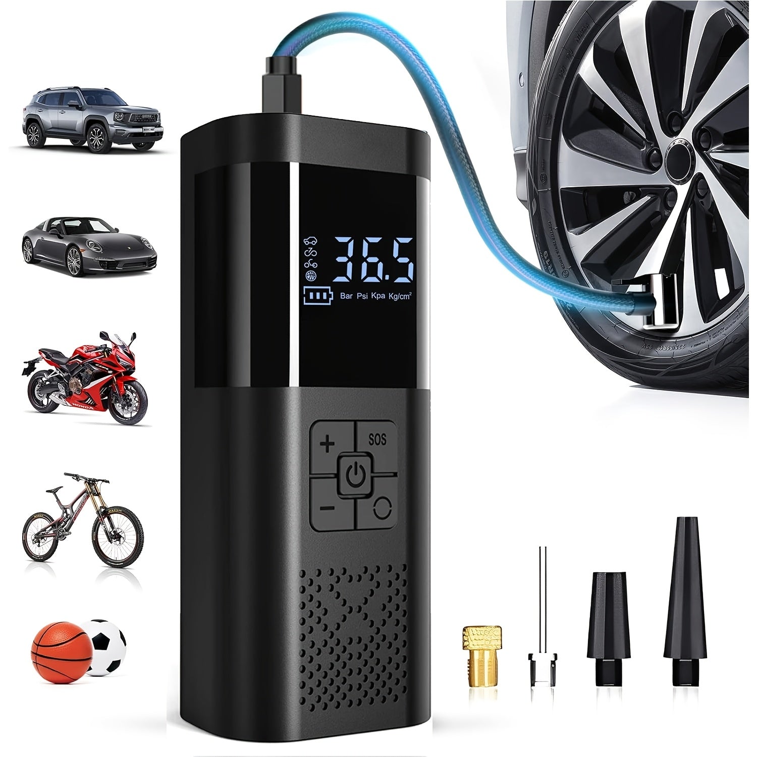 Compresseur d'air portable – Dispositif de gonflage intelligent avec écran LCD et lumières LED