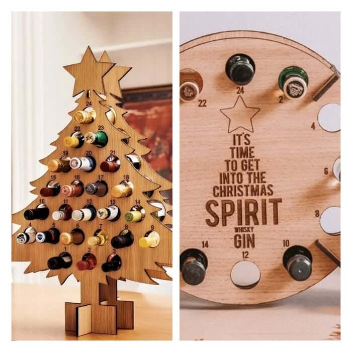 Calendrier de l'Avent en bois | Forme de sapin de Noël | Remplissable avec de la bière, du vin et des mini-bouteilles