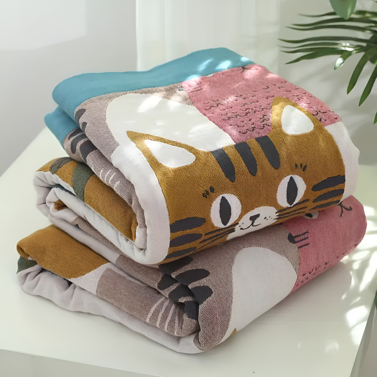 Couverture réversible en coton sur le thème des chats fantaisistes