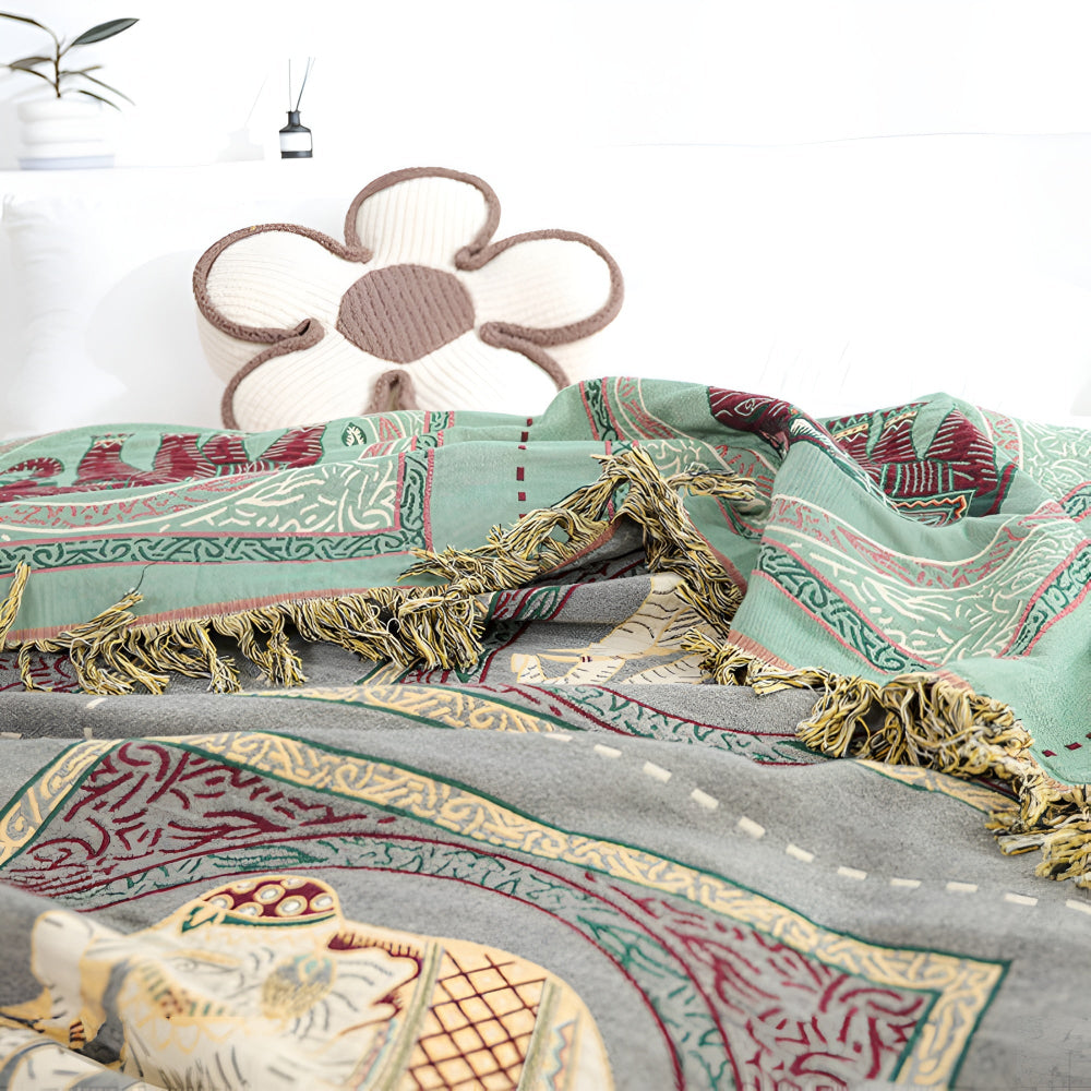 Couverture en Coton avec Franges Imprimée Éléphant Bohémien