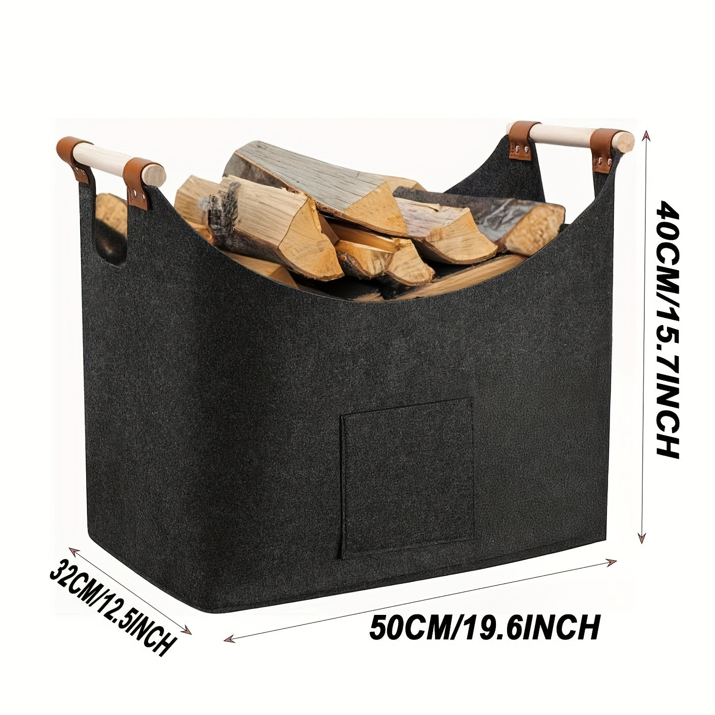 Panier à bois FELDURA | Pliable | Volume de 55L | Avec poignées en bois et détails en cuir | Gris foncé