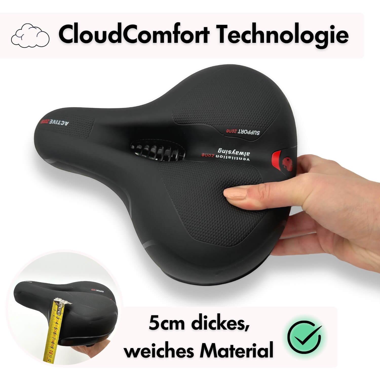 Sandsberg | Selle de vélo CloudComfort Pro | Mousse à mémoire soulageant la pression | Noir