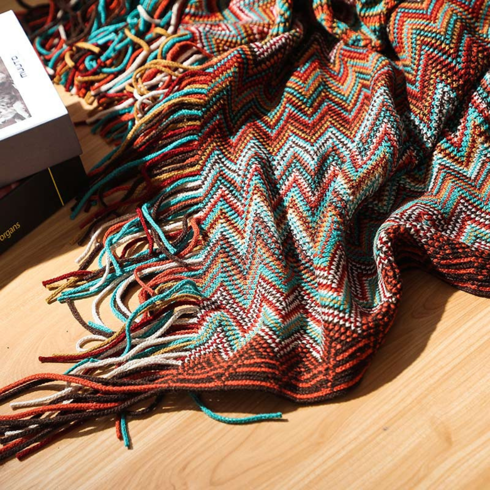 Couverture Tricotée à Franges Zigzag Multicolore