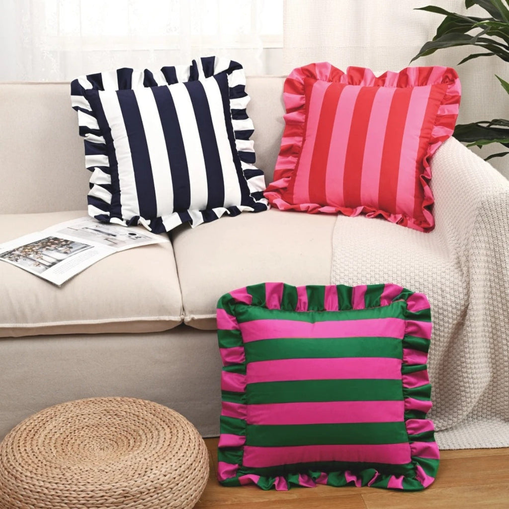 Housse de Coussin à Volants Rayée Rétro