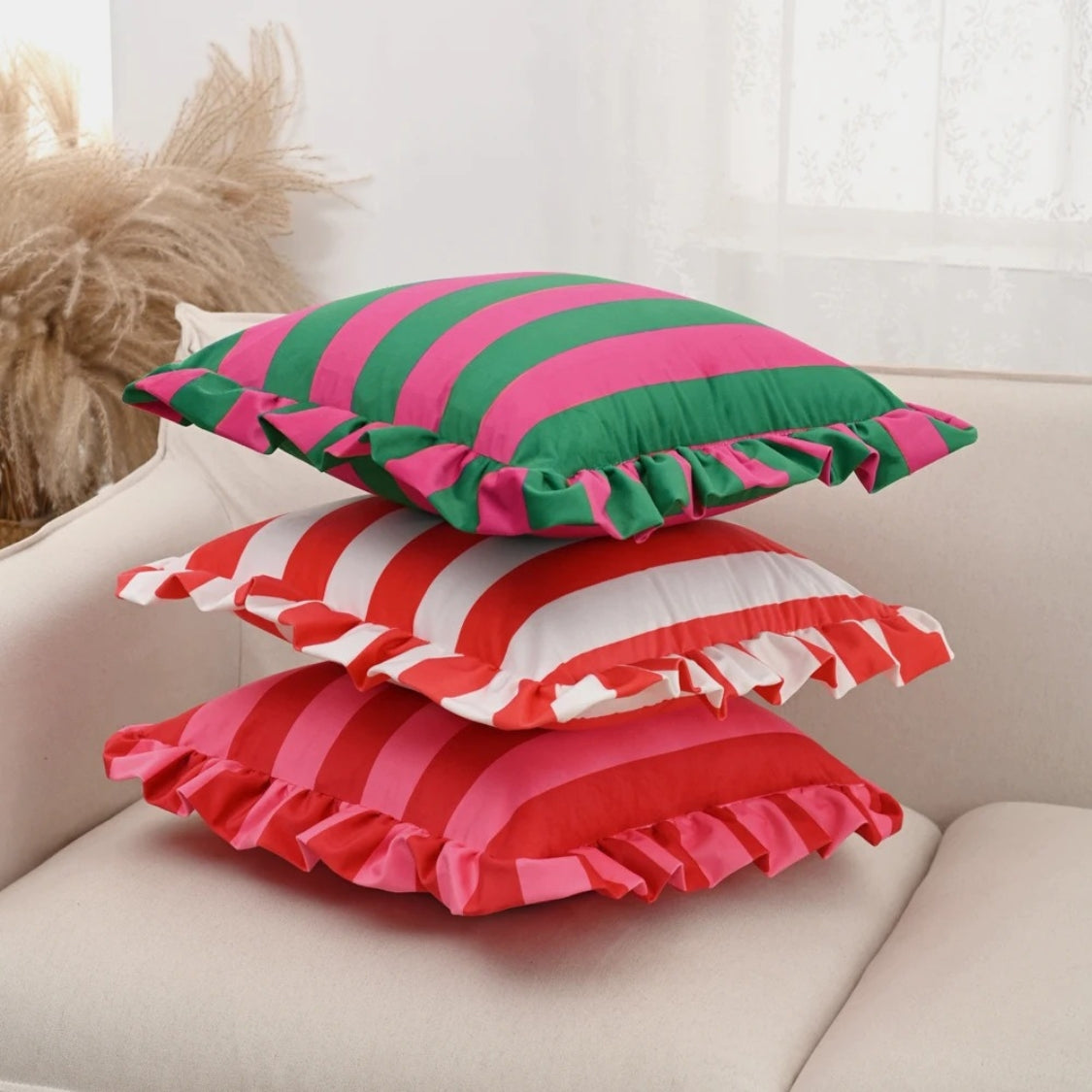 Housse de Coussin à Volants Rayée Rétro