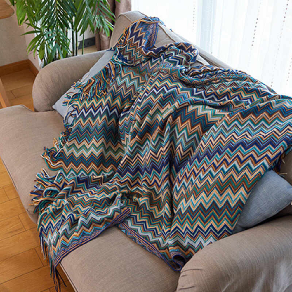 Couverture Tricotée à Franges Zigzag Multicolore