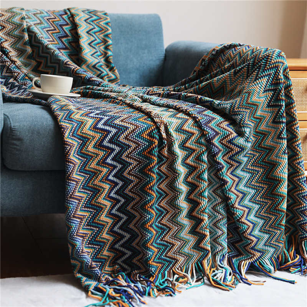 Couverture Tricotée à Franges Zigzag Multicolore