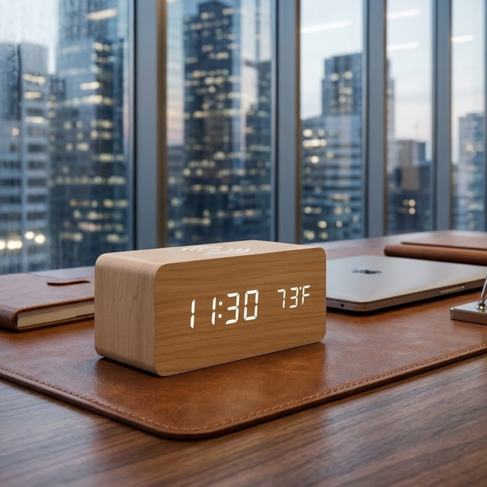 Réveil Numérique en Bois Élégant avec Charge Sans Fil et Activation Vocale