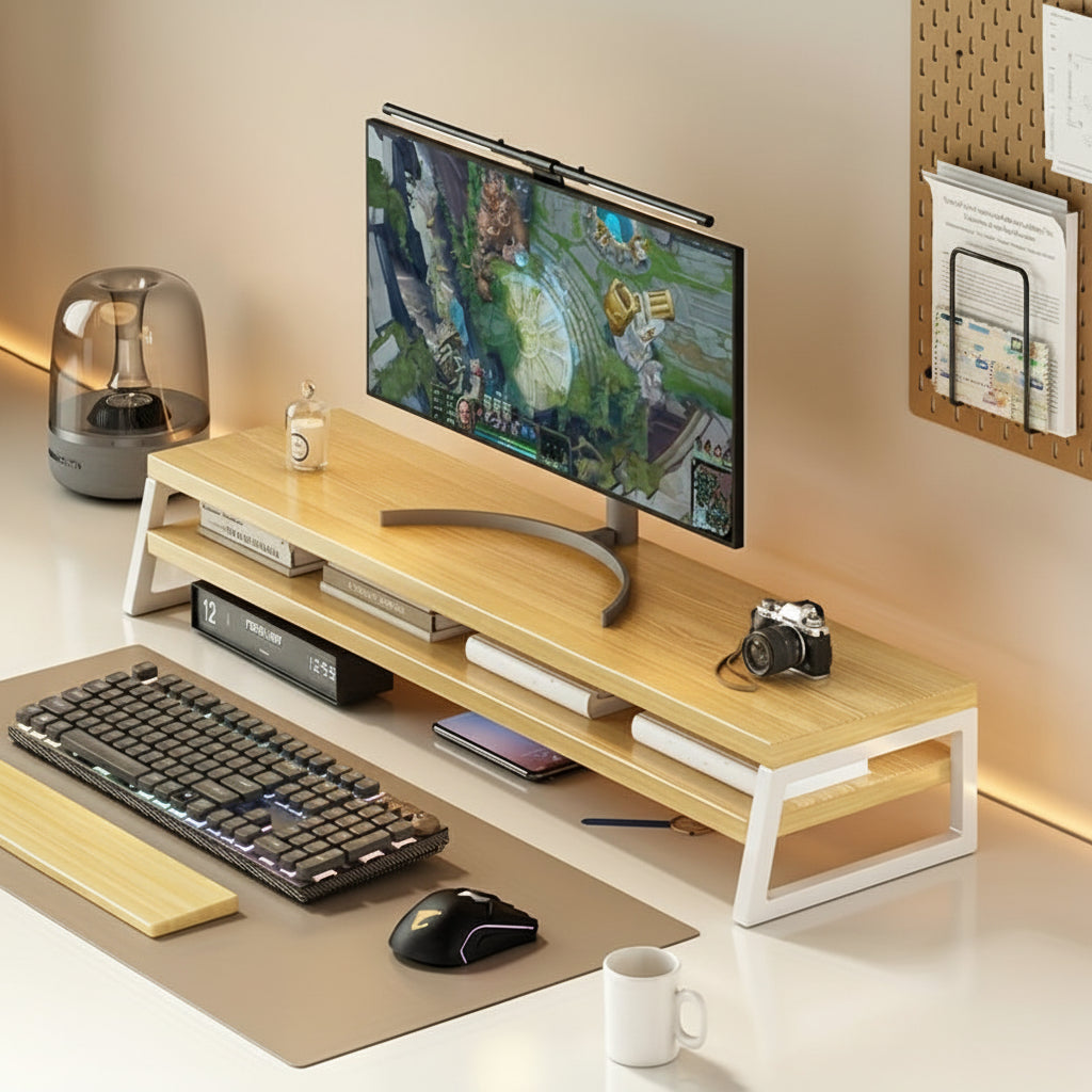 MODERNLIFT - Support de Moniteur en Bois Économiseur d'Espace avec Rangement, Cadre Métallique Durable