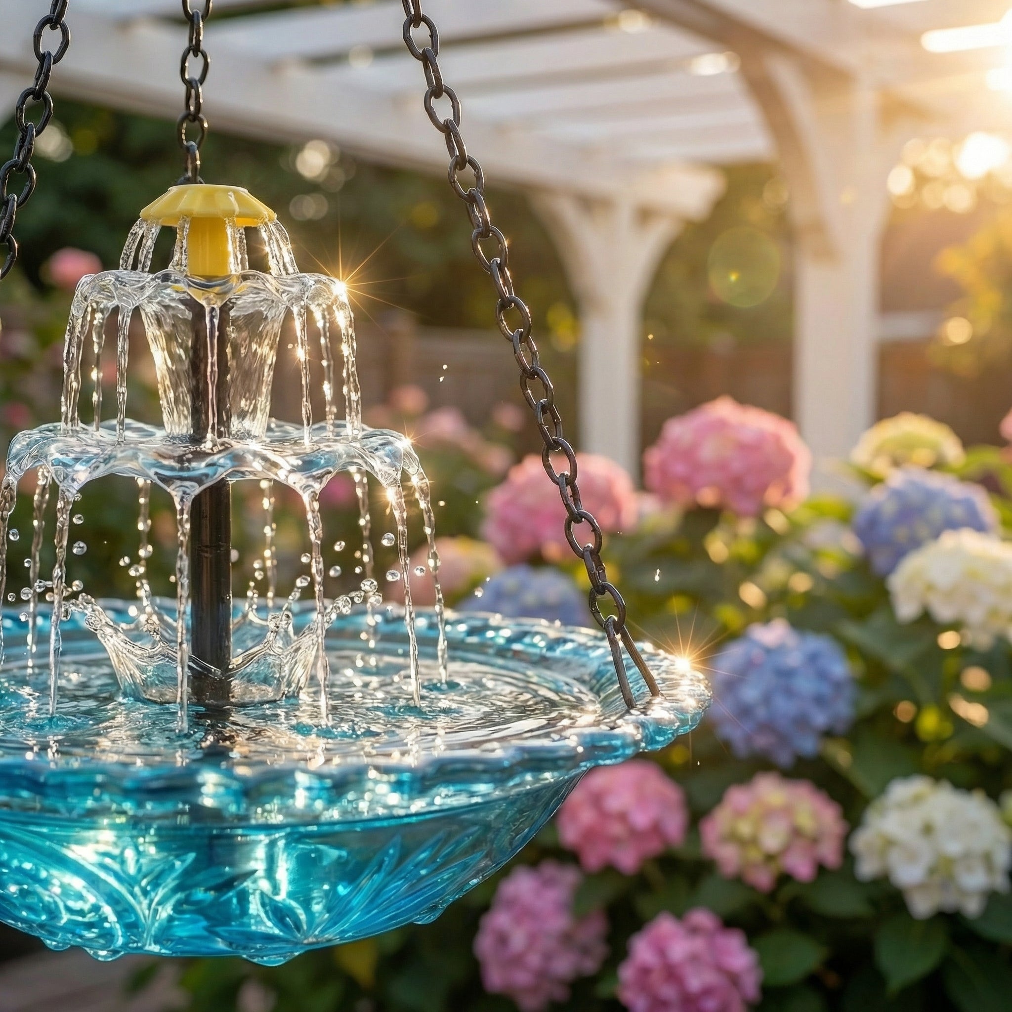 AquaBloom™ | Fontaine suspendue solaire – Abreuvoir pour oiseaux avec jeu d'eau à 2 niveaux