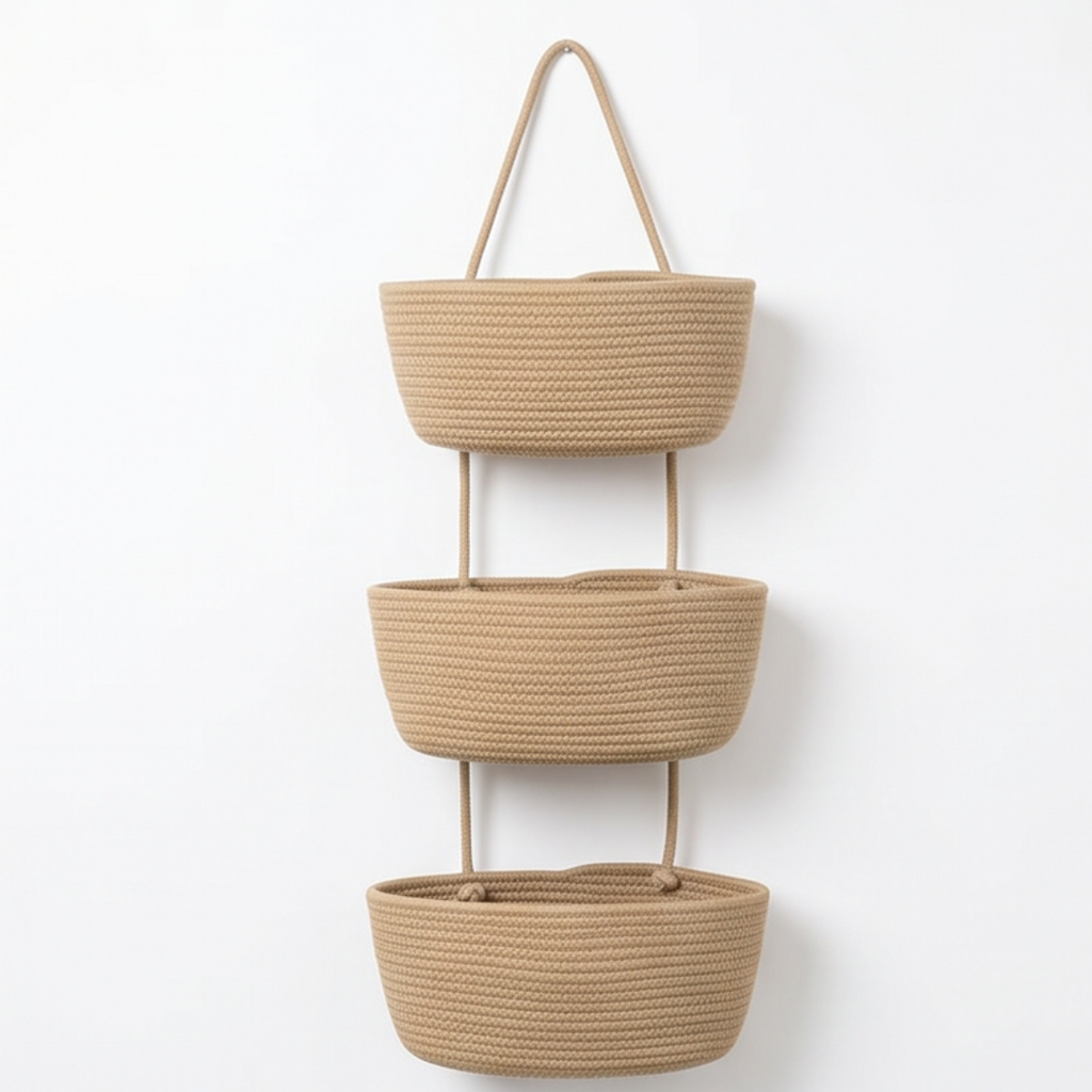 Panier de Rangement Suspendu en Coton 3 Niveaux pour Porte