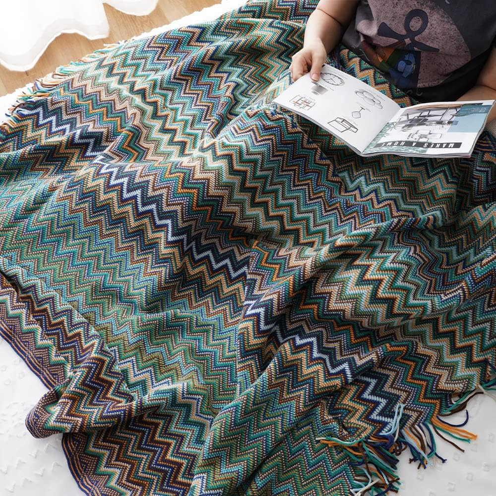Couverture Tricotée à Franges Zigzag Multicolore