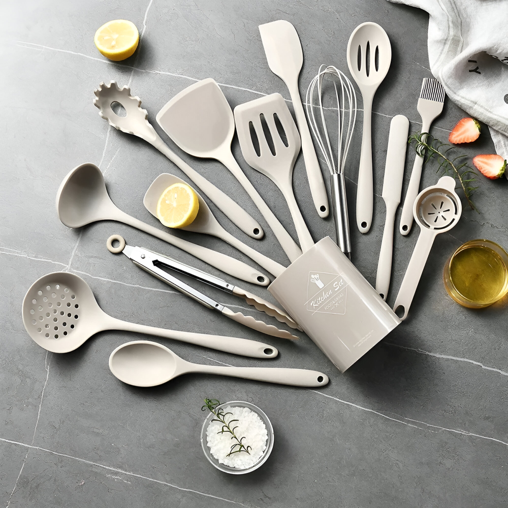 Ensemble d'ustensiles de cuisine en silicone de 15 pièces Khaki - Cuillères et spatules résistantes à la chaleur - Sûres pour les aliments et lavables au lave-vaisselle