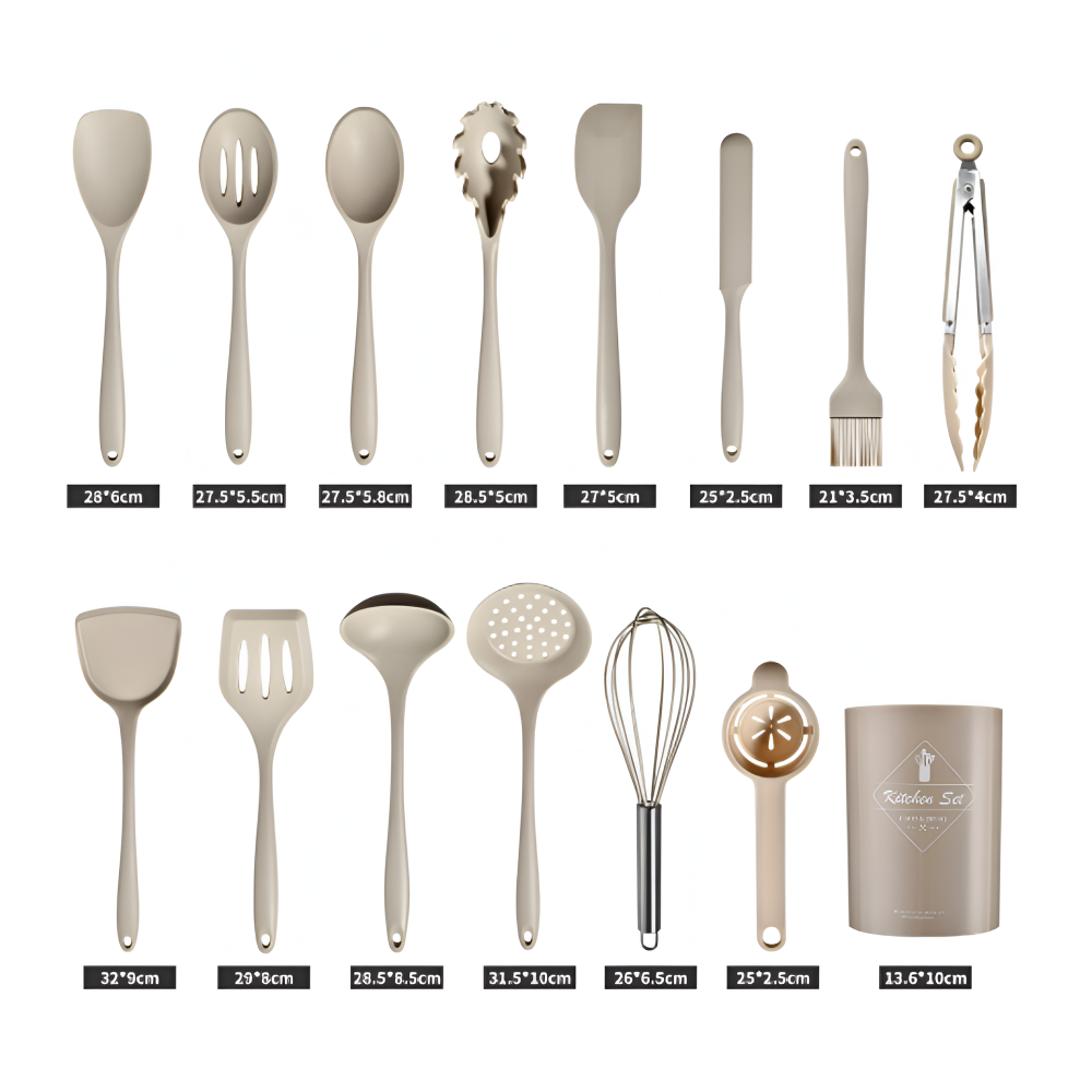 Ensemble d'ustensiles de cuisine en silicone de 15 pièces Khaki - Cuillères et spatules résistantes à la chaleur - Sûres pour les aliments et lavables au lave-vaisselle