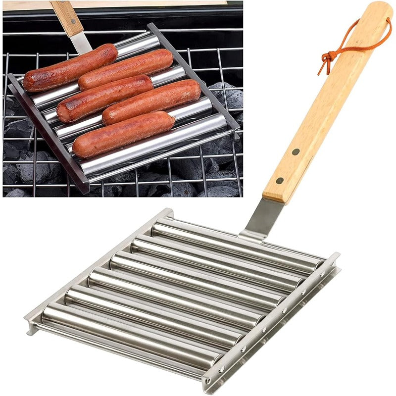 Grille à Hot Dog Rotative avec Poignée en Bois Détachable