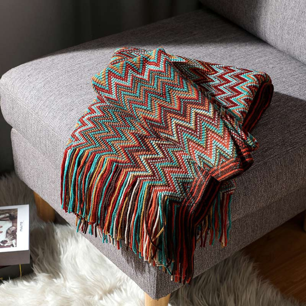 Couverture Tricotée à Franges Zigzag Multicolore