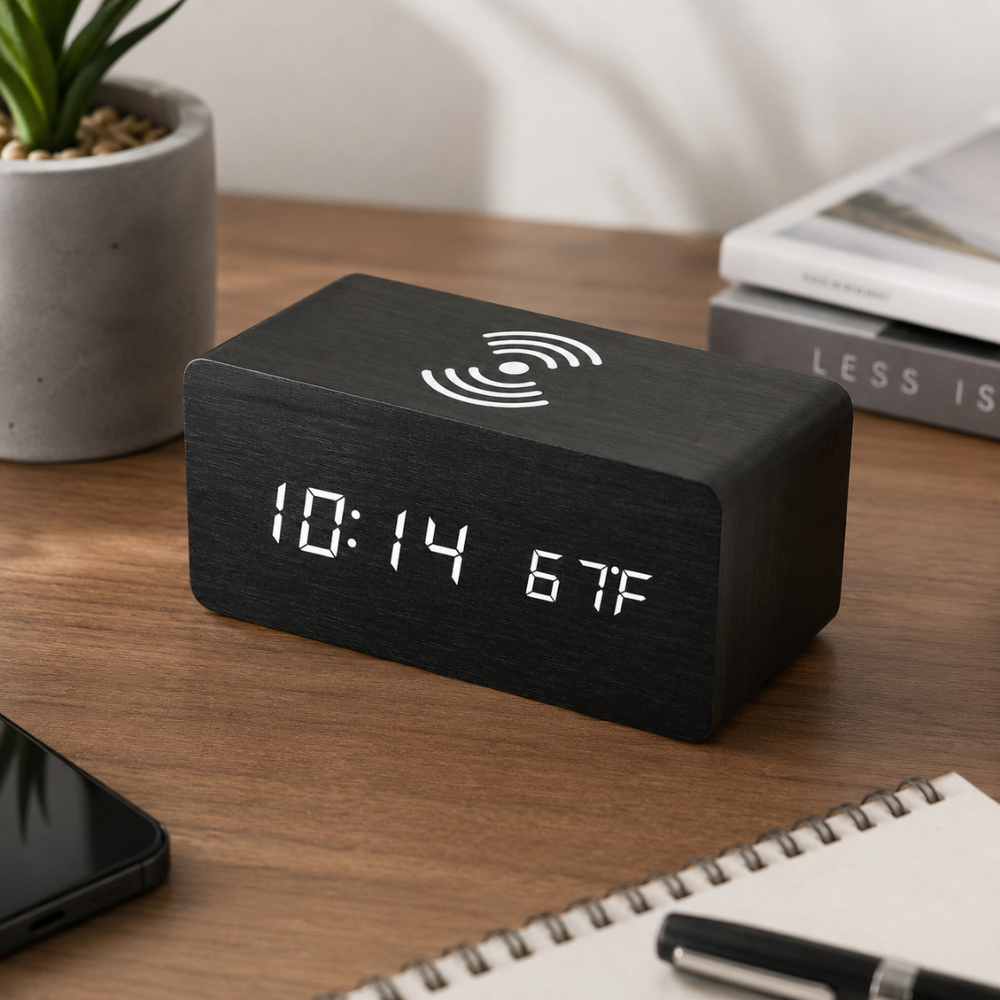 Réveil Numérique en Bois Élégant avec Charge Sans Fil et Activation Vocale