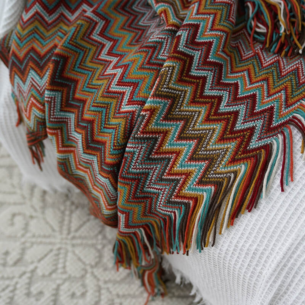 Couverture Tricotée à Franges Zigzag Multicolore