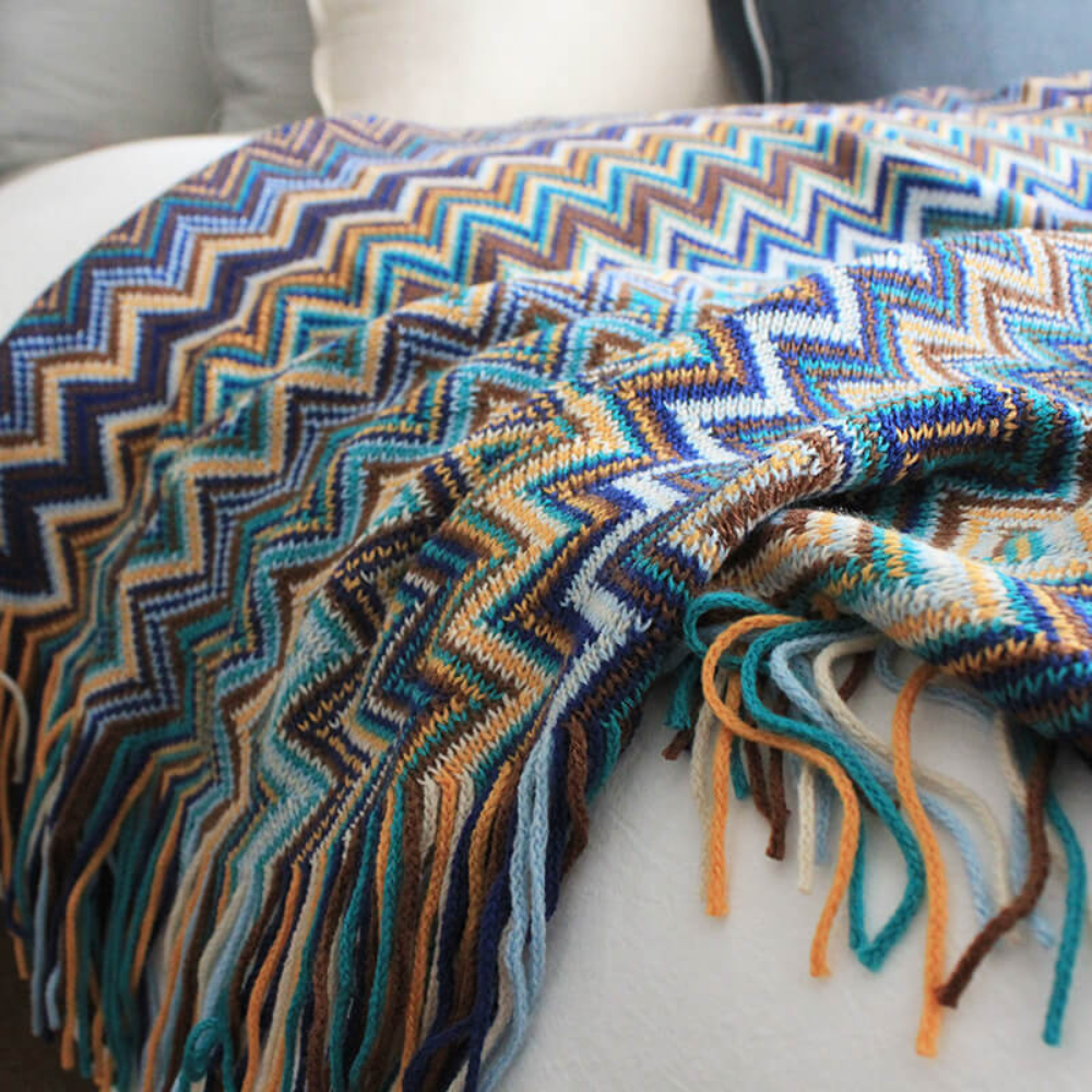 Couverture Tricotée à Franges Zigzag Multicolore