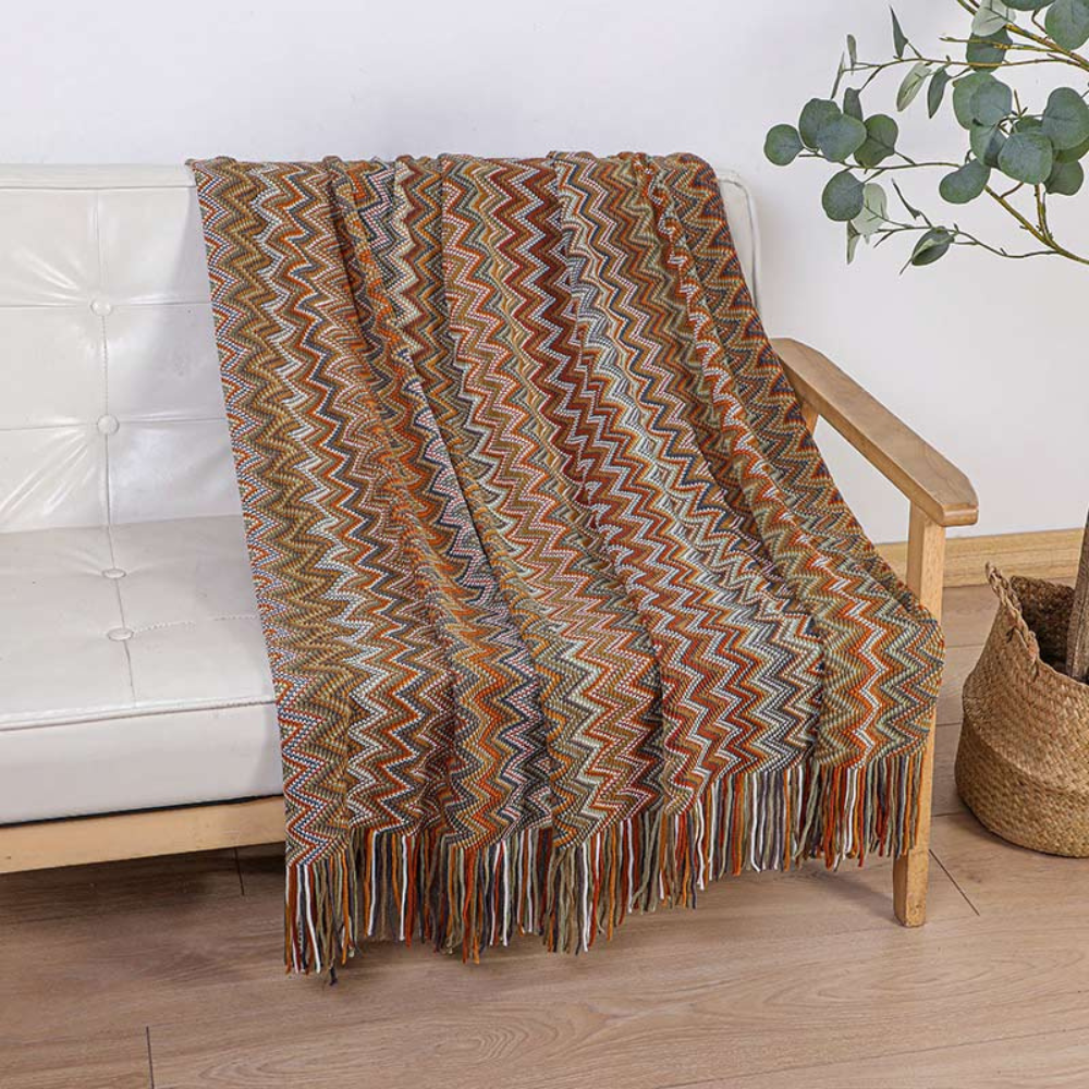 Couverture Tricotée à Franges Zigzag Multicolore