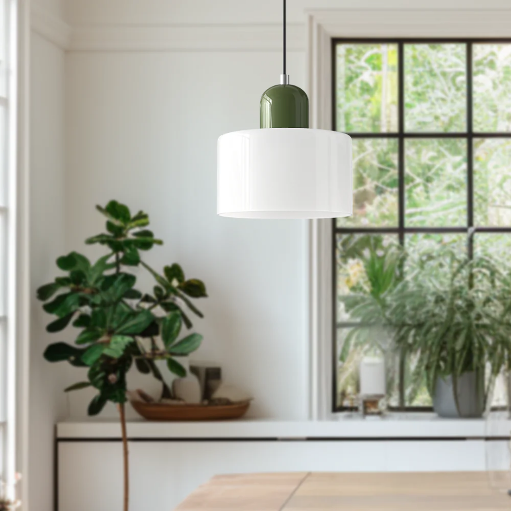 Tusa – Lampe suspendue rétro avec abat-jour en verre orange et dessus vert