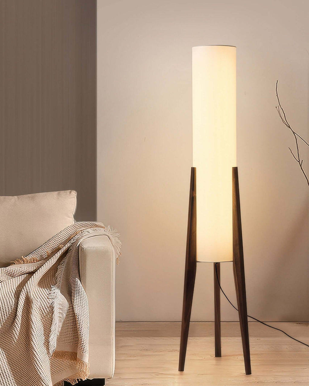 Lampe sur Pied en Bois Massif avec Abat-jour en Tissu
