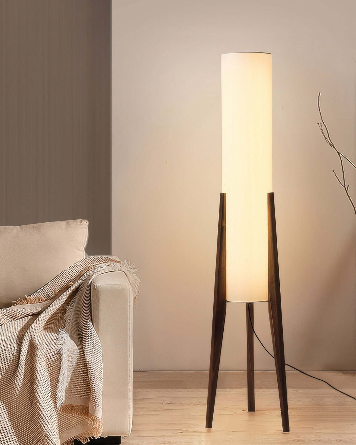 Lampe sur Pied en Bois Massif avec Abat-jour en Tissu