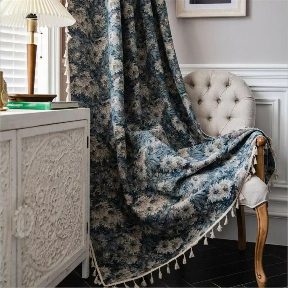 Rideaux à franges floraux navy