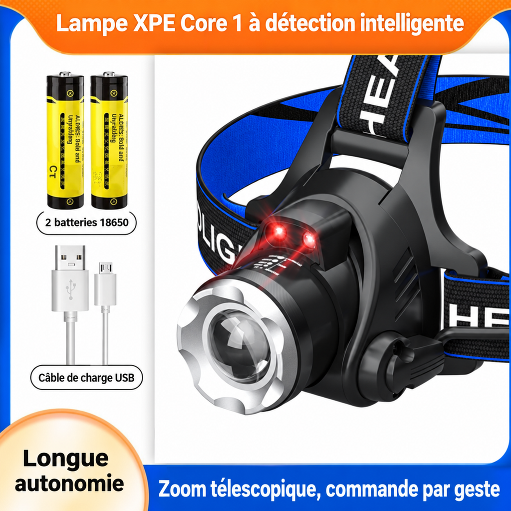 LAMPE FRONTALE ÉTANCHE PUISSANTE AVEC ZOOM & BATTERIE RECHARGEABLE POUR ACTIVITÉS EN PLEIN AIR