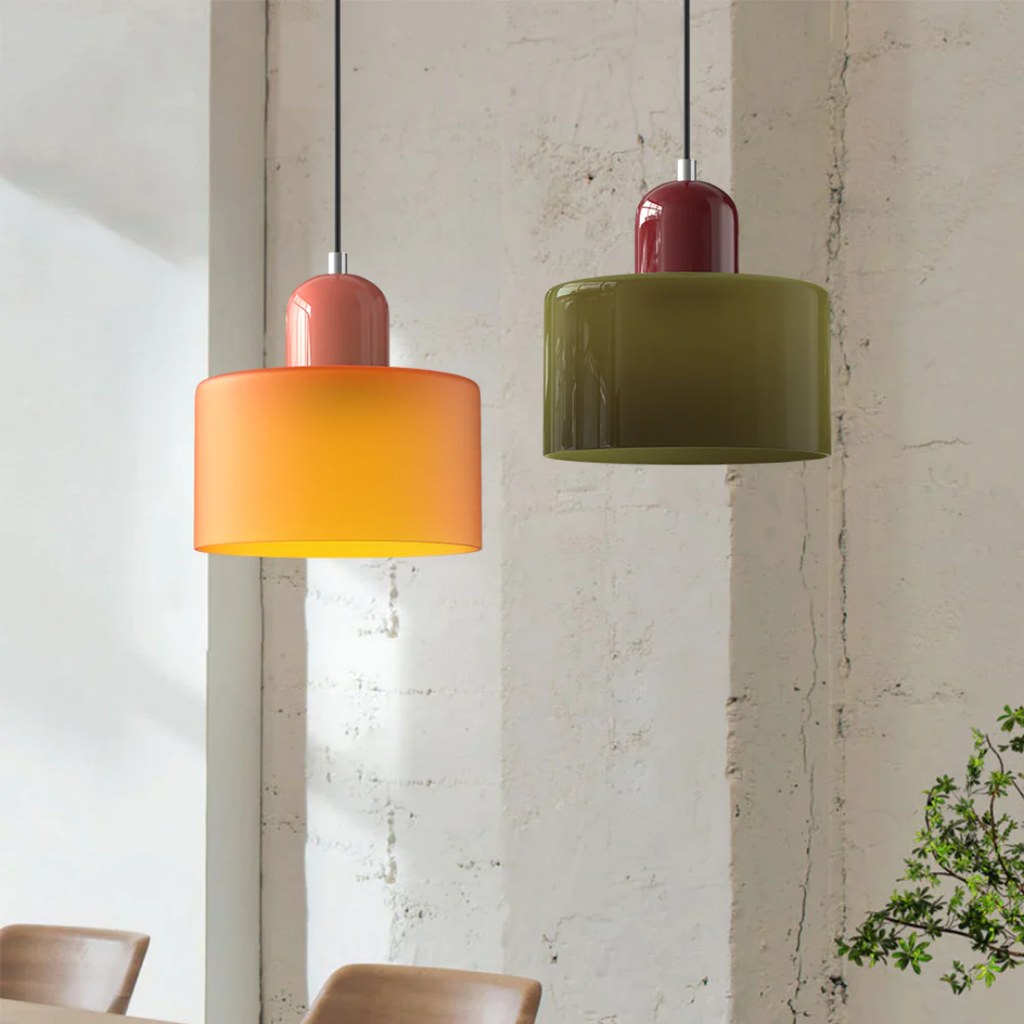 Tusa – Lampe suspendue rétro avec abat-jour en verre orange et dessus vert