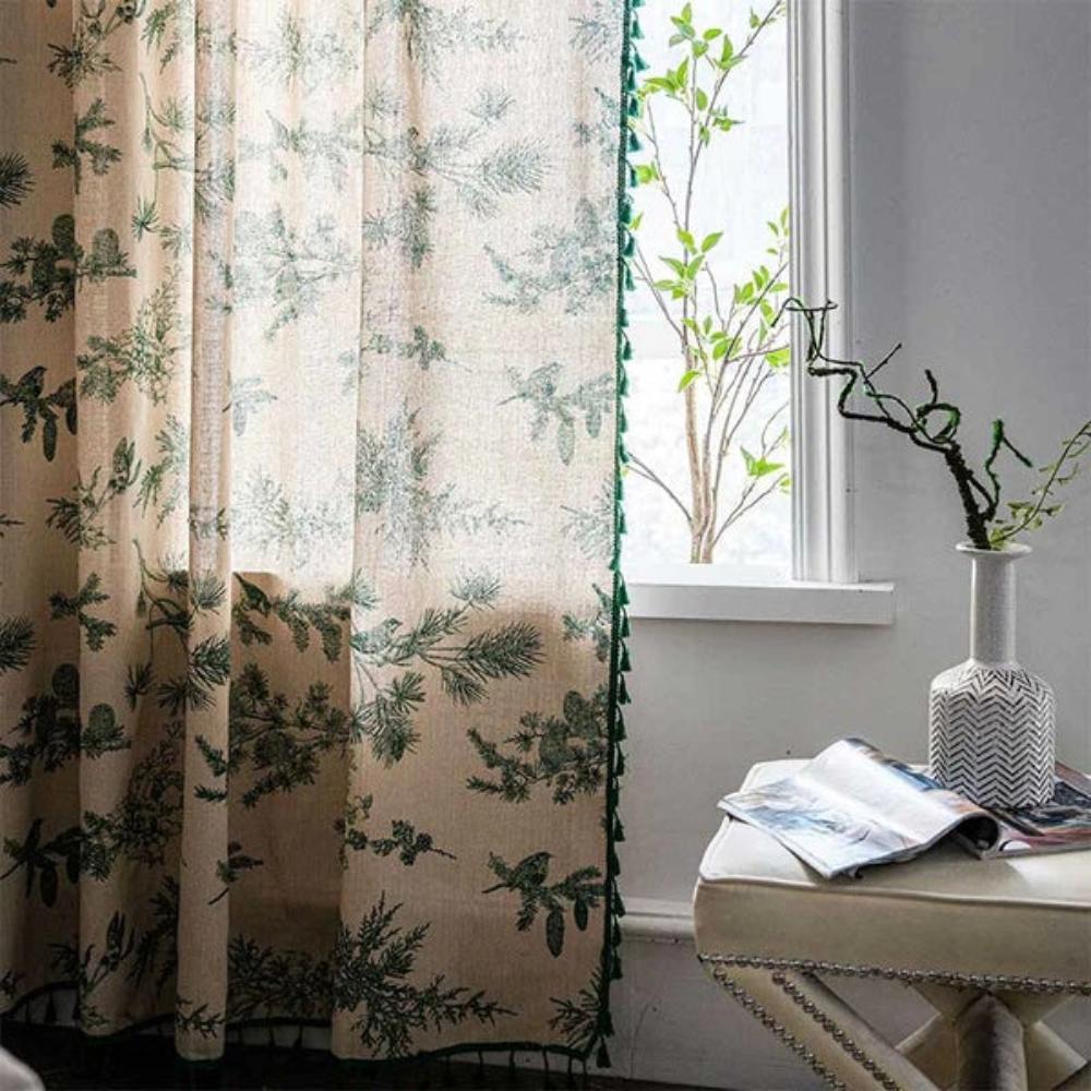 Rideau à Franges avec Motif Oiseau en Pin Vert